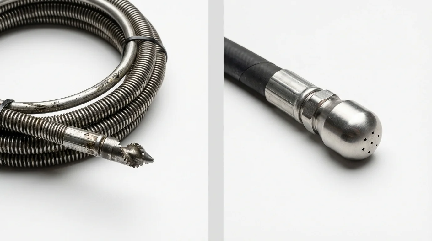 Drain snake cable and hydro jetting nozzle used for drain cleaning in Brunswick, OH