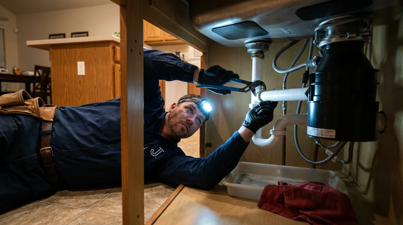 P-trap and supply line connections under a kitchen sink showing a common leak point in Brunswick, OH